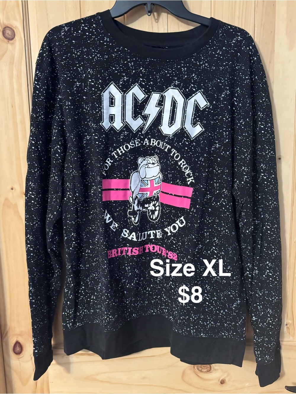 AC/DC Black Speckled Crewneck Sweatshirt with Pink Graphic